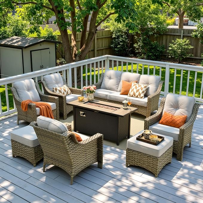 8 Piece Patio Furniture Set with Fire Pit Table, All Weather Wicker High Back Sofa Chairs Ottoman with Thick Cushion, Outdoor Conversation Sets for Large Backyard Deck Garden, Grey