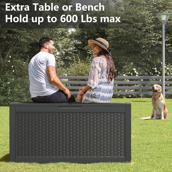100 Gallon Extra Large Resin Deck Box with Hydraulic Rod ，Outdoor storage box with lockable lid, waterproof material, suitable for patio furniture, pool tools, outdoor equipment, gardening tools