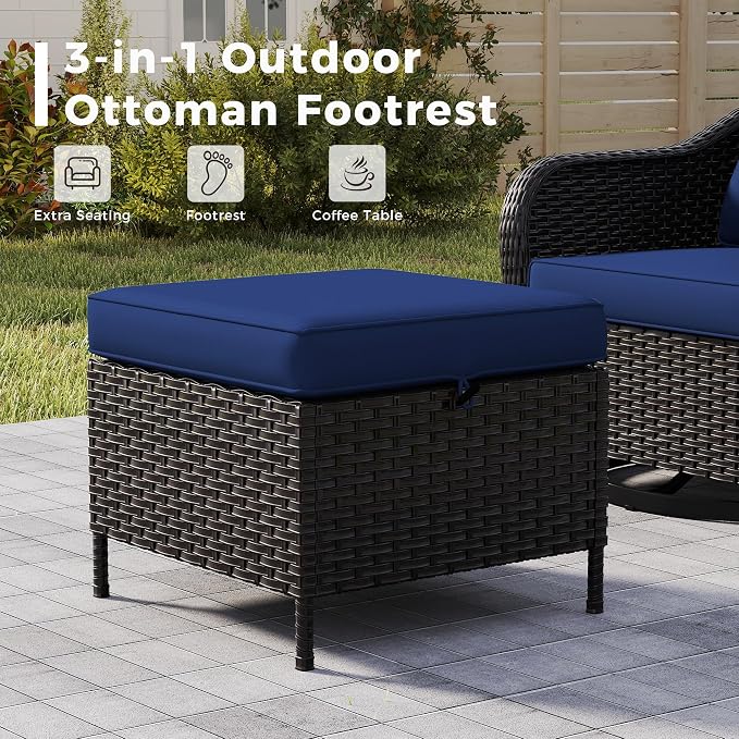2 Pieces Patio All-Weather Wicker Ottomans with Cushions, PE Rattan Outdoor Conversation Furniture Set for Backyard, Deck, Lawn (Navy Blue)