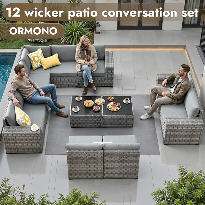12 Pieces Patio Furniture Set, Wicker Outdoor Sectional Sofa with Coffee Table Comfy Cushions, Modern Modular Deep Seat Rattan Couch Conversation Set for Backyard Porch Yard,Dark Grey