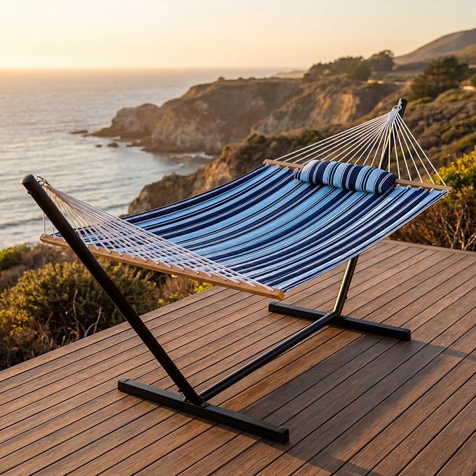 Hammock with Spreader Bar, Pillow & Chains, 450 lbs Capacity, Weather Resistant, for Patio, Backyard, Beach, Outdoor
