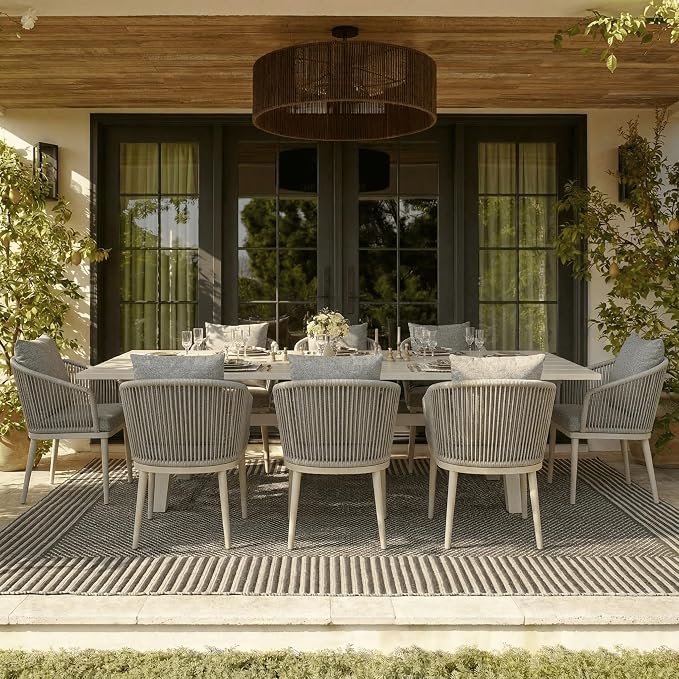 7-Piece Patio Dining Table Sets, Woven Wicker Dining Set with Rectangular Aluminum Table and Dining Chairs Modern Outdoor Dining Furniture Set for Outdoors and Indoors