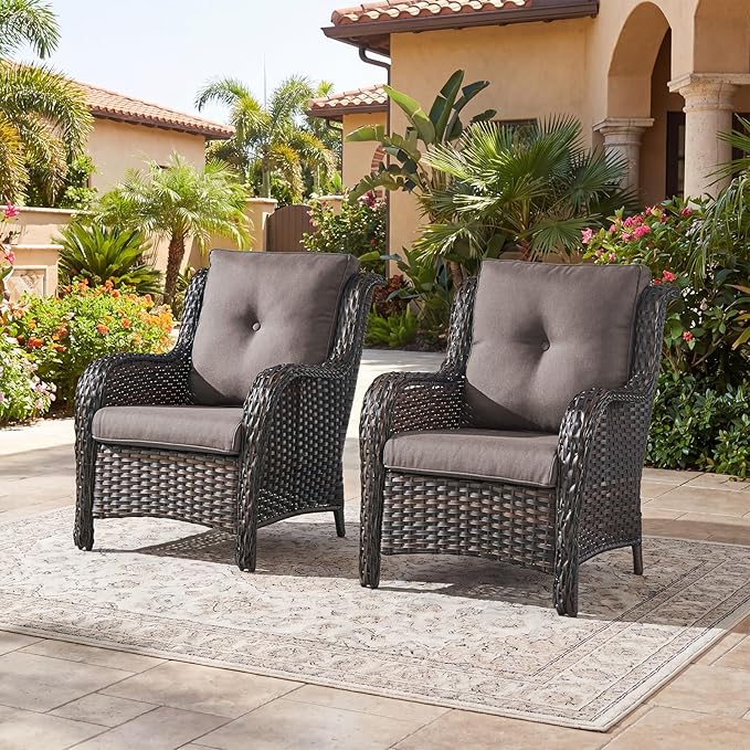 Rilyson Outdoor Wicker Patio Chairs Set of 2: Rattan Dining and Porch Chairs with High Back and Deep Seating (Brown/Grey)