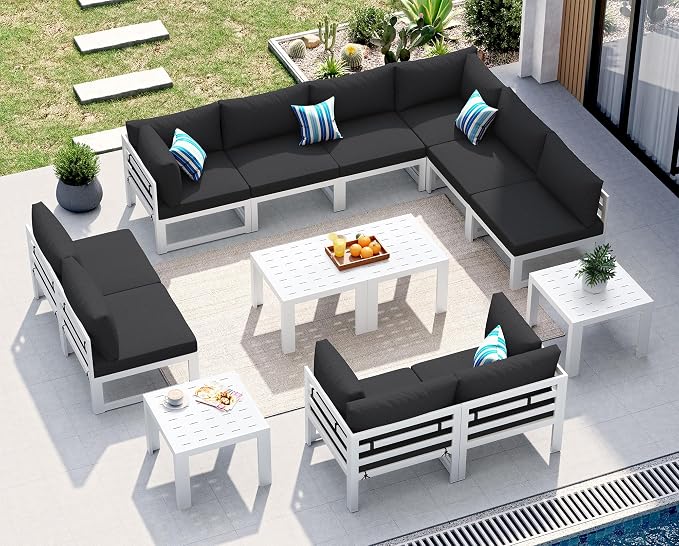 NICESOUL Large Luxury Aluminum Outdoor Sectional Sofa with Side Table, Weather Resistant Modular Patio Furniture Set for 10 People, 500 lbs Heavy Duty Conversation Couch for Poolside Lawn, Black