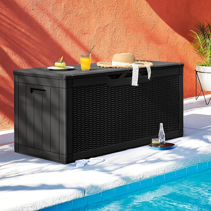 Homall 100 Gallon Deck Box Large Resin Waterproof Outdoor Storage Box with Padlock and Built-in Handles Storage Container for Cushions, Toys and Garden Tools (Black)
