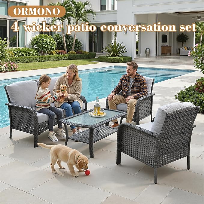 4 Pieces Patio Furniture Set, Small Outdoor Patio Set with Coffee Table, All-Weather Rattan Wicker High Back Conversation Set Loveseat with Chairs for Porch, Backyard, Balcony, Grey