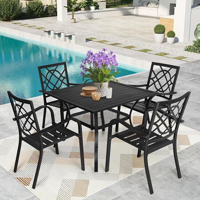Incbruce 5 Piece Outdoor Dining Set, Wrought Iron Patio Dining Set with 4 Chairs and 1 Square Table (1.57" Umbrella Hole) for Garden, Backyard