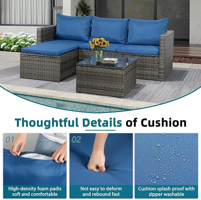 SUNLEI Small Outdoor Sofa Patio Furniture Set with Detachable Cushions, 3 PCS Patio Sectional Sofa with Coffee Table & 5 Position Adjustable,PE Rattan Patio Conversation Set, Silver Rattan/Royal Blue