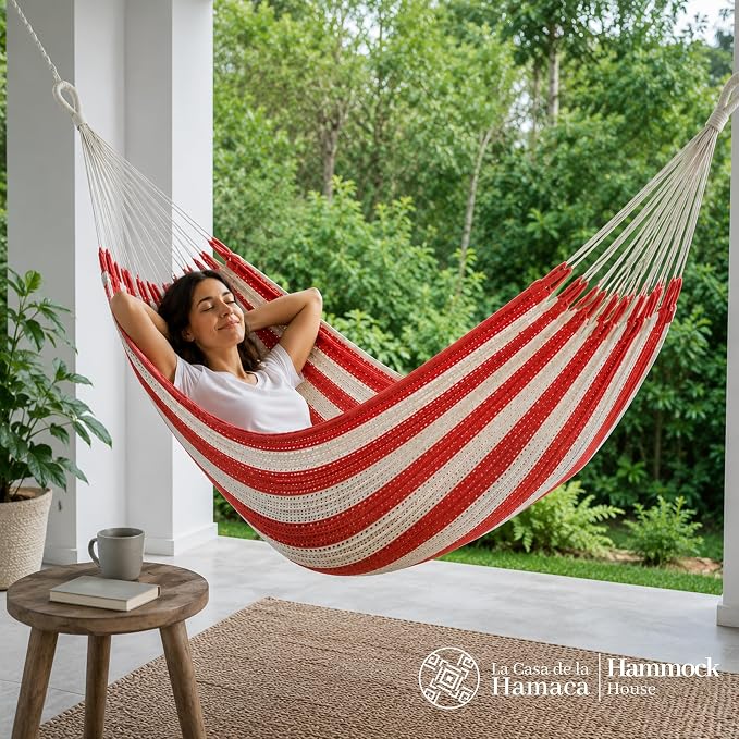 Hammock for 1-2 Person, 475 lbs Capacity – Handwoven Mexican Hammock, 100% Soft Cotton – 9.8 ft Mayan Hammock for Patio, Backyard, Indoor & Camping – Medium, Orange