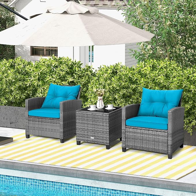 ORALNER Patio Furniture, 3 Pieces Outdoor Wicker Conversation Set Chairs with Soft Cushions and Glass Coffee Table, Rattan Bistro Set for Balcony Garden Deck Front Porch Poolside (Turquoise)