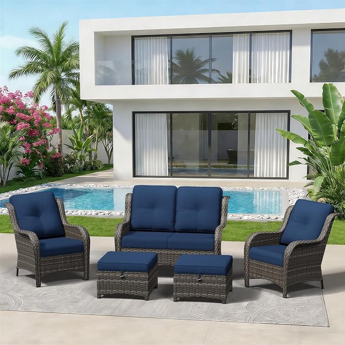 5 Piece Outdoor Wicker Patio Furniture Set, Patio Chairs Set with Thickened Olefin Cushions, High Back and Deep Seating, Hand-Woven PE Rattan, Ottoman for Porch, Deck