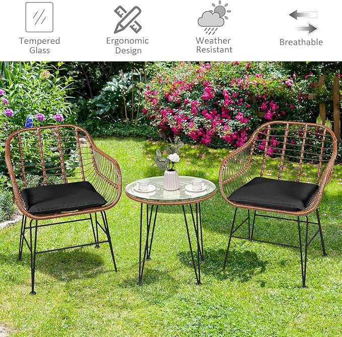 COSTWAY 3 Pieces Patio Bistro Set, Outdoor Rattan Conversation Seating Chair Set with Coffee Table & Soft Cushions, Indoor Wicker Furniture Set for Garden, Balcony, Porch, Pool, Black