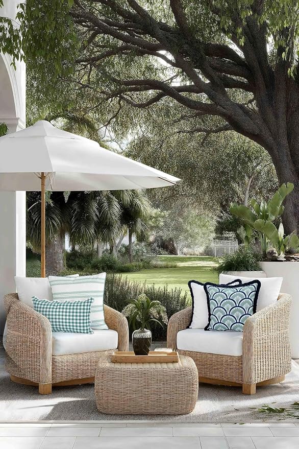 Hofdeco Premium Coastal Grandmillennial Patio Indoor Outdoor Throw Pillow Cover Only, 22"x22" Water Repellent for Backyard, Couch, Poolside, Celadon Green Print Leaf Striped