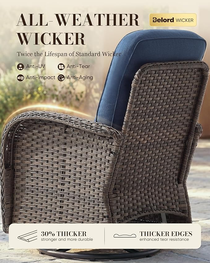 Belord Upgraded 6“ Cushion Luxury 6 Piece Patio Furniture Set - Wicker Couch Outdoor Conversation Set with Swivel Rocker Patio Chairs, Deep Seat Glider Chairs Set for Deck Porch - Brown/Blue