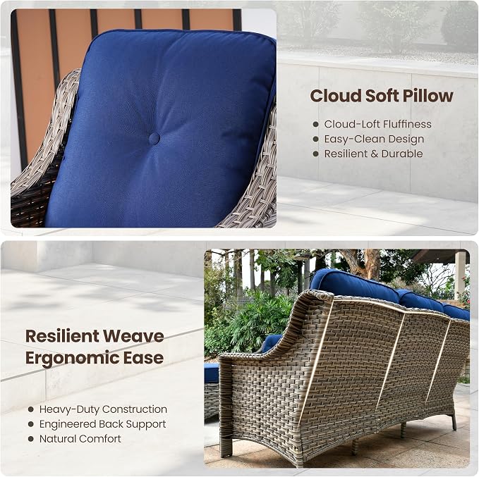 4 PCS Patio Conversation Set, All-Weather High Back Wicker Outdoor Patio Furniture Sets with Two Single Chairs, Solar Light Coffee Table,Outside Furniture for Porch Backyard Balcony,Navy Blue