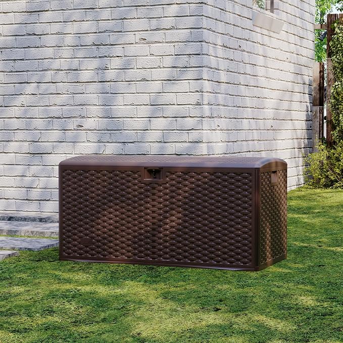 Jojoka 120 Gallon Lockable Outdoor Storage Box - Waterproof UV-Resistant Resin Deck Bench with Gas Spring Lid - For Patio Furniture Cushions, Garden Tools, Pool Accessories - Brown, Gas Spring