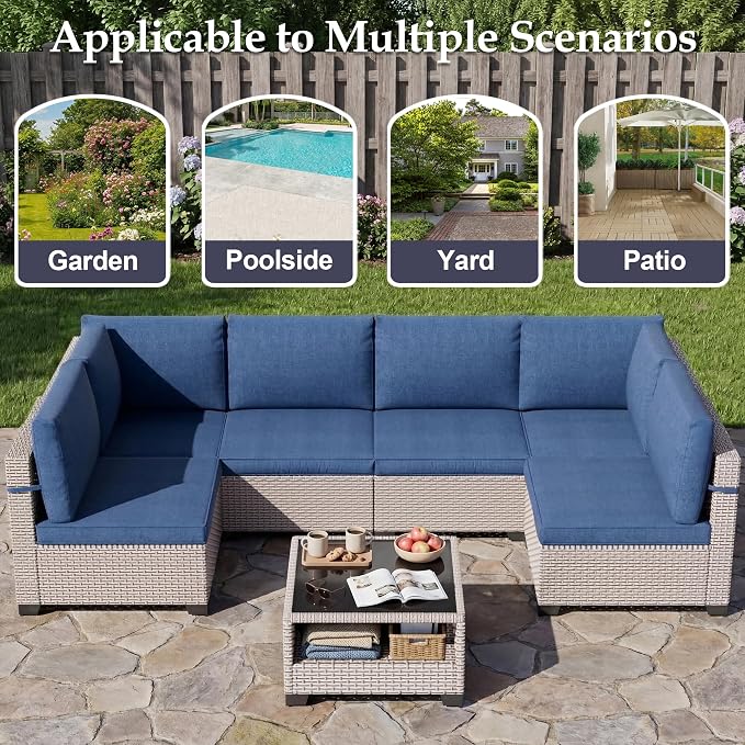 Patio Furniture Set, 14-Piece Outdoor Sectional Sofa with 2-Layer Glass Coffee Table, Wicker Patio Conversation Set with Blue Cushions for Backyard, Poolside, Porch