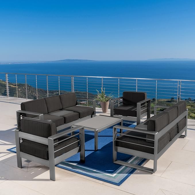 Christopher Knight Home Cape Coral Outdoor Grey Aluminum 5 Piece Conversation Set with Water Resistant Cushions