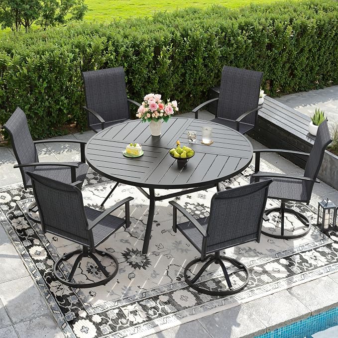 DIFY 7 Pieces Outdoor Dining Set, Metal Patio Table and Chairs Set for 6 with Umbrella Hole, 50" Black Round Table and Dark Grey Textilene Swivel Patio Chairs for Garden, Backyard, Poolside