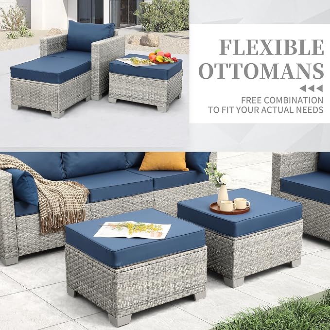 WAROOM Patio Furniture Set 6 Piece PE Rattan Outdoor Conversation Sets Grey Wicker Couch Sectional Sofa with Fire Pit Table and Navy Blue Cushion