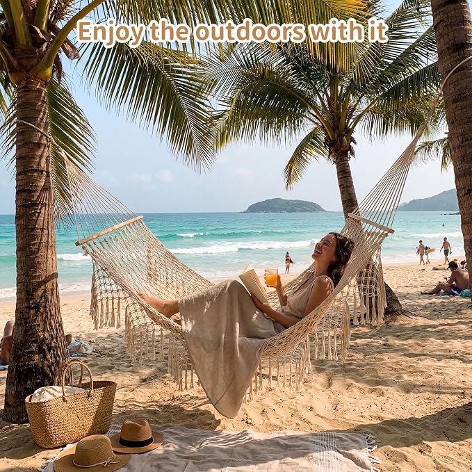 Hand Woven Cotton Rope Hammock, 10 ft Hammock for Patio Garden Yard Porch Camping Beach Indoor Outdoor Hanging Include Rope Straps, 450lb Capacity(White)