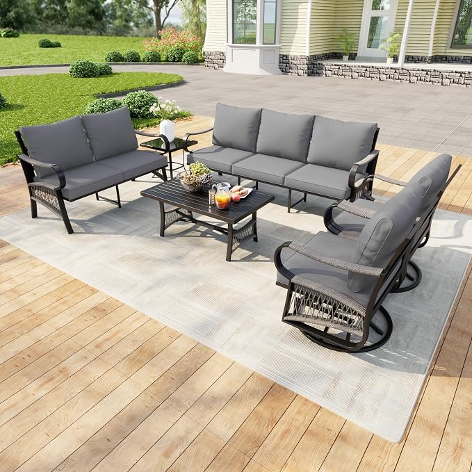 6 Pieces Patio Furniture Set, Metal Outdoor Conversation Sets with Swivel Chairs, Modern Couch Sofa Seating Group with Coffee Table and Side Table (Thick Gray Cushions)