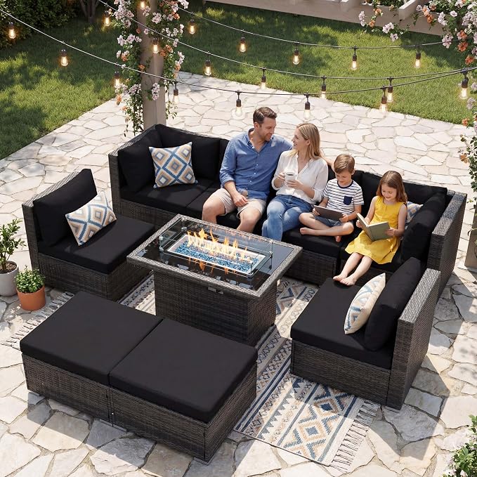NICESOUL Large Size 9 Piece Patio Conversation Set with Fire Pit Table Propane/Gas, 29.3'' High Back Outdoor Furniture Sectional Set, Heavyweight Rattan Contemporary Sofa, 2 Color Cushion Black &Gray