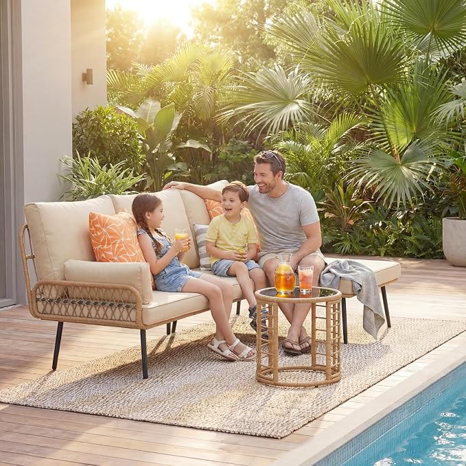 Gizoon 3-Piece Outdoor Patio Furniture Set, All-Weather PE Wicker L-Shaped Conversation Sofa with Thick Cushions & Glass Table, for Backyard, Porch, Balcony, Poolside (Beige)
