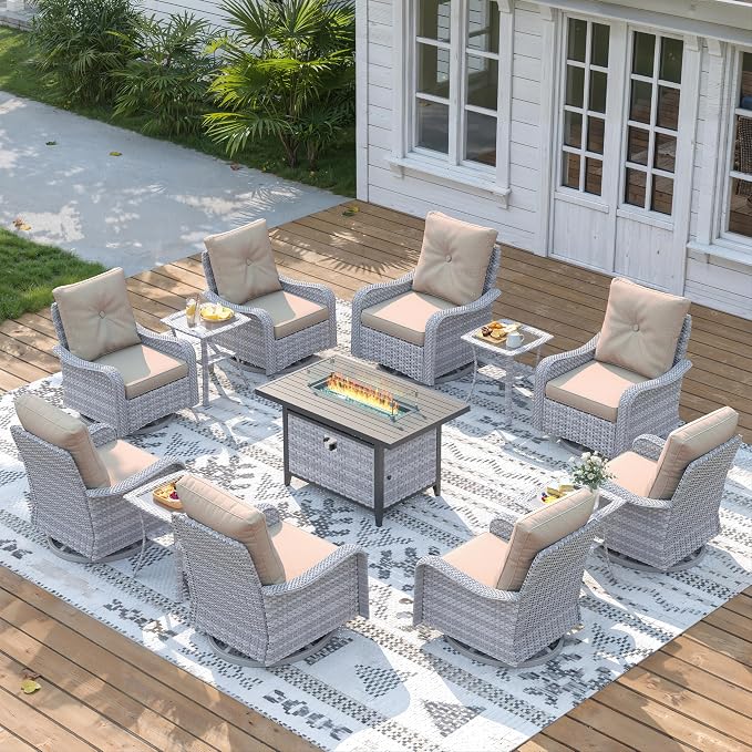13 Piece Wicker Patio Furniture Set with 55,000 BTU Fire Pit Table, Swivel Rocking Chairs, 4''Cushions, PE Rattan, Wind Guard Glass, for Backyard, Deck or Balcony, Beige