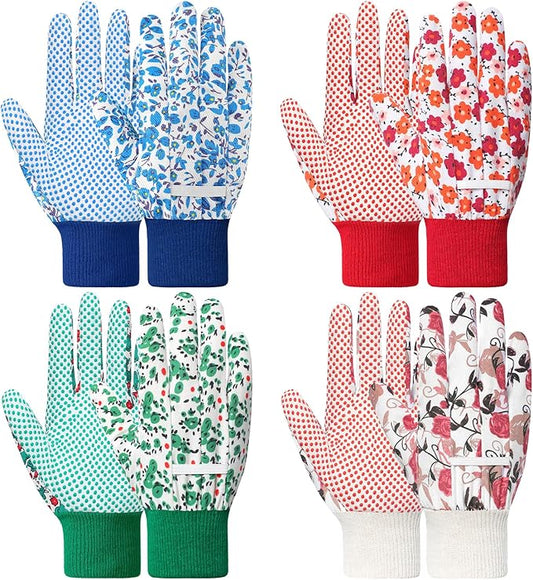 DOFOWORK Gardening Gloves, 4 Pair Floral Garden Gloves for Women with Dots | Soft Comfortable Fabric,Cute Floral Pattern,Anti-slip PVC Dots,Designed for Ladies,Yard Planting & Daily Gardening Work