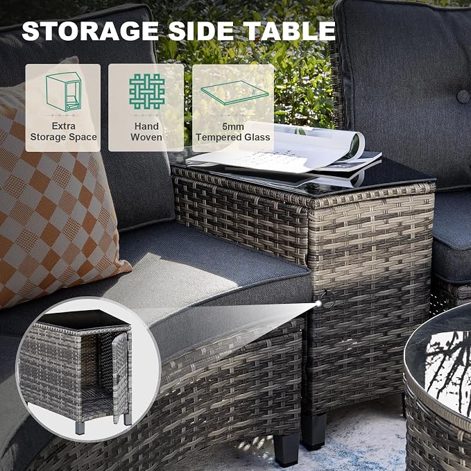 MEISSALIVVE 9-Piece Half-Moon Curved Outdoor Patio Furniture Set, Sectional Conversation Sofa with Wood Armrests, Coffee & Side Tables for Backyard Deck Garden, Grey
