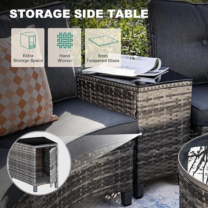MEISSALIVVE 9-Piece Half-Moon Curved Outdoor Patio Furniture Set, Sectional Conversation Sofa with 2 Swivel Glider Chairs, Round Coffee Table for Backyard Deck Garden, Grey