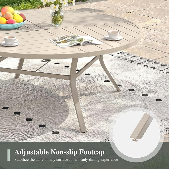 Outdoor Dining Set for 8, 63.1" Outdoor Dining Table with Umbrella Hole and Padded Textilene Patio Swivel Chairs, 9 Pieces Patio Table and Chairs Set for Garden Backyard, Sandshell