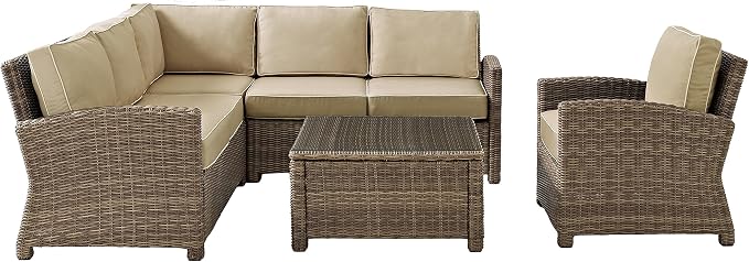 Crosley Furniture Bradenton 5-Piece Outdoor Sectional Sofa Wicker Conversation Patio Furniture Set for Deck, Brown with Sand Cushions