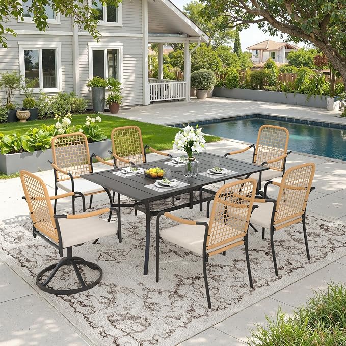 DIFY 7 Pieces Outdoor Dining Set for 6, 59.2" Black Rectangle Metal Table with 4 Stackable Wicker Patio Chairs & 2 Swivel Chairs, Patio Furniture Set with Cushions and Umbrella Hole, Wheat Rattan