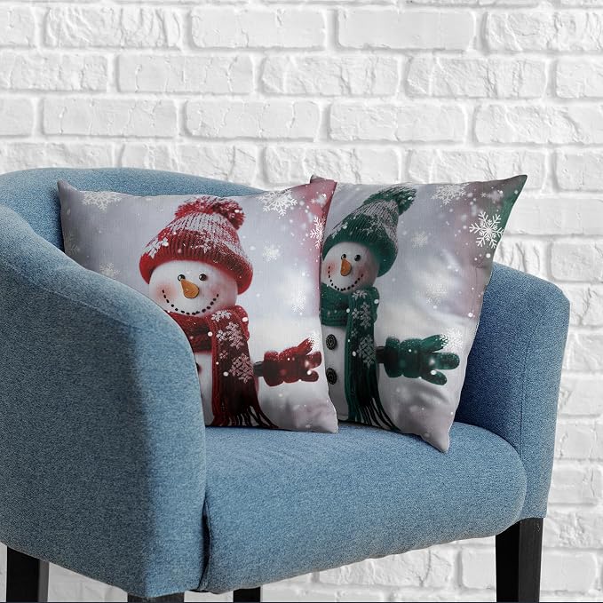 Christmas Green and Red Snowman Throw Pillow Covers 24x24 Winter Farmhouse Pillow Covers Cotton Linen Pillow Case Cushion Case for Holiday Decorations Living Room Sofa Set of 2