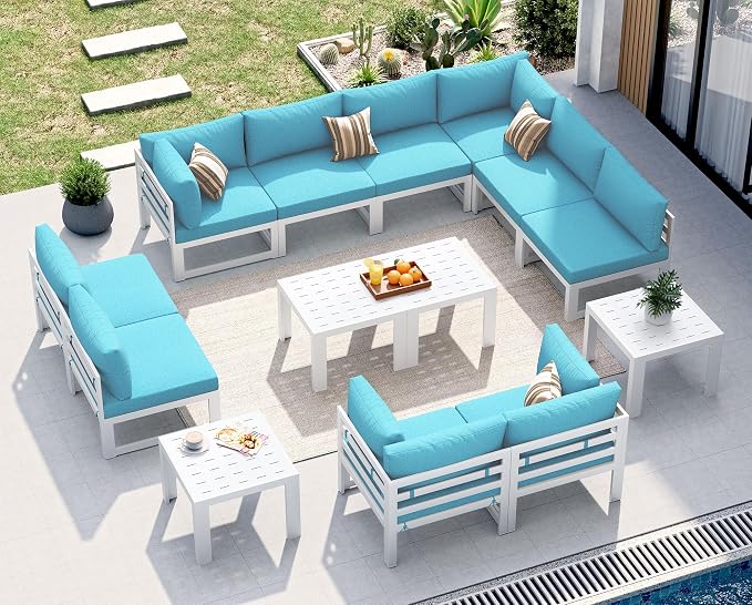 NICESOUL 14 Pcs Large Modern Aluminum Patio Furniture Set, L Shaped All Weather Modular Sectional Sofa with Coffee Table, 500 lbs Heavy Duty Comfortable Outdoor Couch for Poolside Backyard, Teal