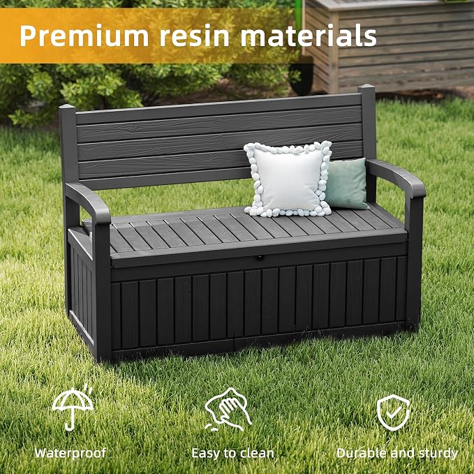 EasyUp 80 Gallon Wood Grain Style Outdoor Storage Bench, Waterproof and Lockable Deck Box Outdoor Storage Furniture for Patio,Garden,and Porch-Perfect for Storing Garden Tools(Black Srtipe)