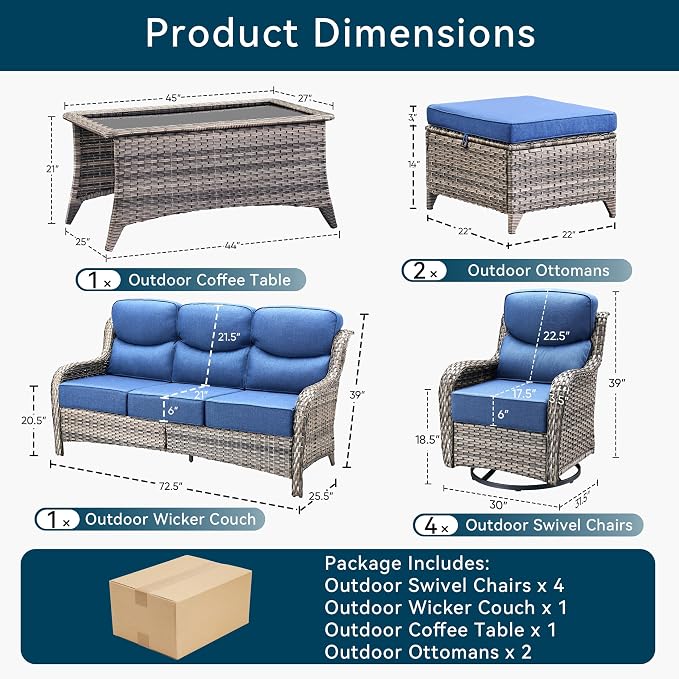 Luxury High Back Outdoor Furniture with 6-Inch Thick Cushions, Patio Furniture Set with Swivel Chairs, 8 PCS Wicker Conversation Set for Porch, Balcony, Deck and Yard