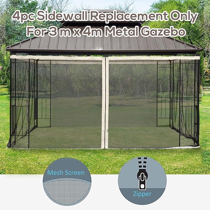 Outsunny 10' x 13' Universal Replacement Mesh Sidewall Netting for Patio Gazebos and Canopy Tents with Zippers, (Sidewall Only) Beige, Black
