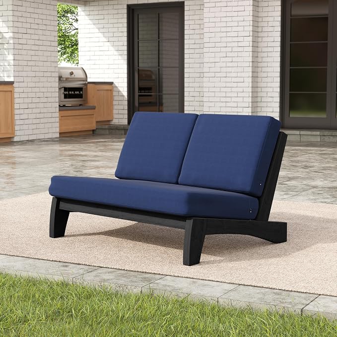 Pia Ricoo 4 Piece Patio Furniture Sets, Outdoor Loveseat Sofa Set with 2 Chairs & Coffee Table, Patio Conversation Set for Backyard, Deck, Lawn, Navy, Dark Wood