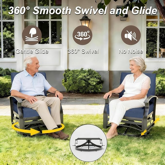 Gotland Aluminum Patio Furniture Set with Fire Pit Table, Metal Patio Furniture with 2 Swivel Rocking Chairs Waterproof 5.1'' Seat Cushions, Oversized Outdoor Sectional for Garden Balcony Porch Navy