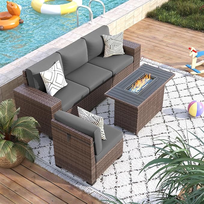 Patio Furniture Set with Fire Pit Table 5 Piece, Outdoor Conversation Sets Brown Wicker Rattan Sectional Sofa for Deck Garden Backyard, 4'' Thickened Cushion Dark Grey