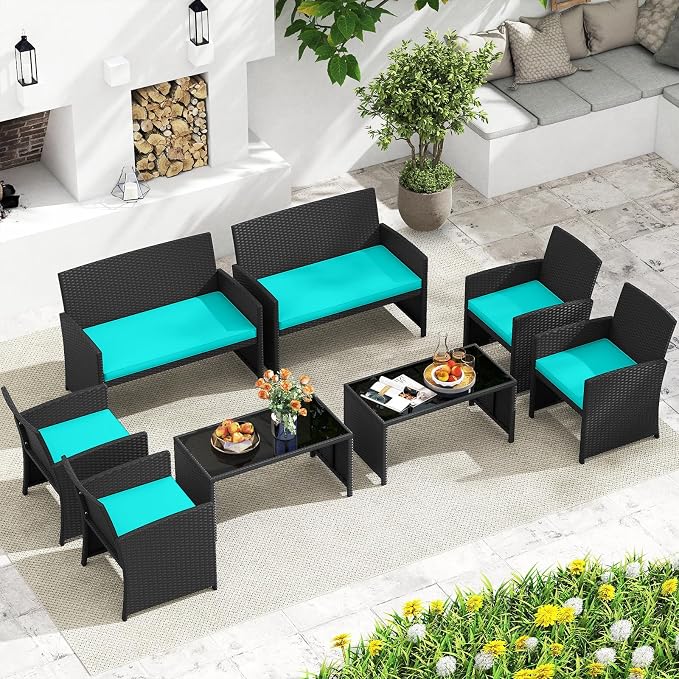 HAPPYGRILL 4 Piece Rattan Wicker Patio Conversation Set, Outdoor Furniture with Chair Loveseat Table & Cushion, for Backyard Porch Balcony (2, Black & Turquoise)