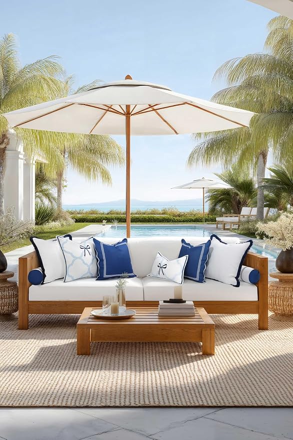 Hofdeco Premium Coastal Hampton Patio Indoor Outdoor Lumbar Pillow Cover Only, 12"x20" Water Repellent for Backyard, Couch, Poolside, Baby Blue Navy Embroidered Ribbon Bow Tie on Leaves