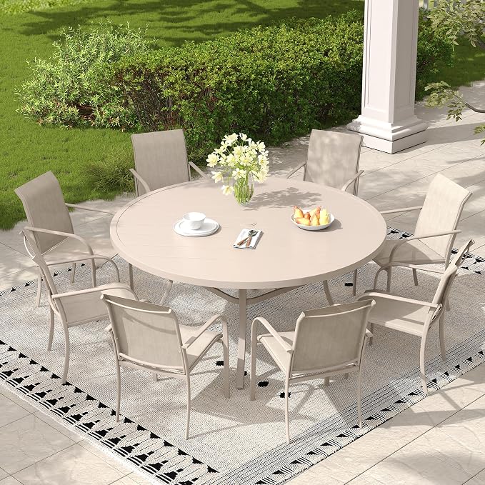 Patio Table and Chairs Set for 8, Outdoor Dining Set with 8 Stackable Dining Chairs and 53" x 53" Metal Slatted Round Dining Table for Porch, Deck, Lawn, Garden, Sandshell