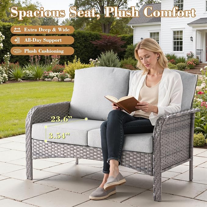 6 Pieces Patio Furniture Set, All-Weather Rattan Wicker Outdoor Furniture Loveseat Chairs with Coffee Table, High Back Conversation Set for Porch, Backyard, Balcony,Grey