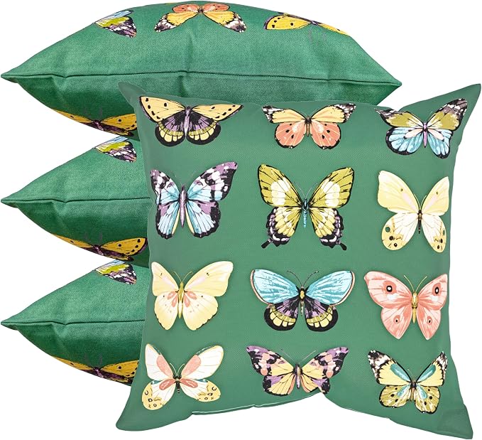 18" Outdoor Throw Pillows Set of 4, Waterproof & Fade Resistant Patio Furniture Pillows with Built-in Inserts, All-in-One Green Butterfly Print Design for Sofa, Patio or Backyard Relaxation