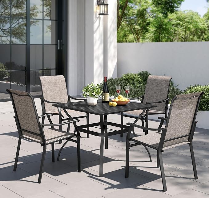 PHI VILLA 5 pcs Patio Dining Table and Chairs, 4 Outdoor Dining Chairs and Metal Square Table,with Sling Fabric and Sturdy Frame,Black Frame with E-Coating,Sling Outdoor Furniture