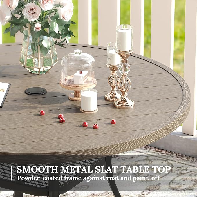 VICLLAX Patio Dining Set for 6, 7 Pieces Outdoor Furniture Includes 47.2" Round Patio Table with Umbrella Hole and 6 Outdoor Swivel Chairs for Lawn Garden, Grey Wood Grain Tabletop and Grey Fabric